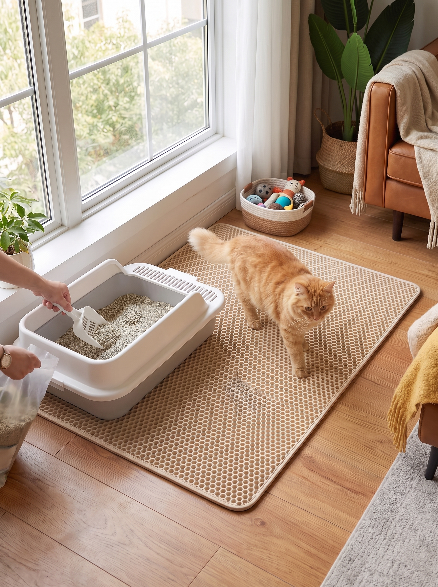 Double layer litter mat being emptied back into the box