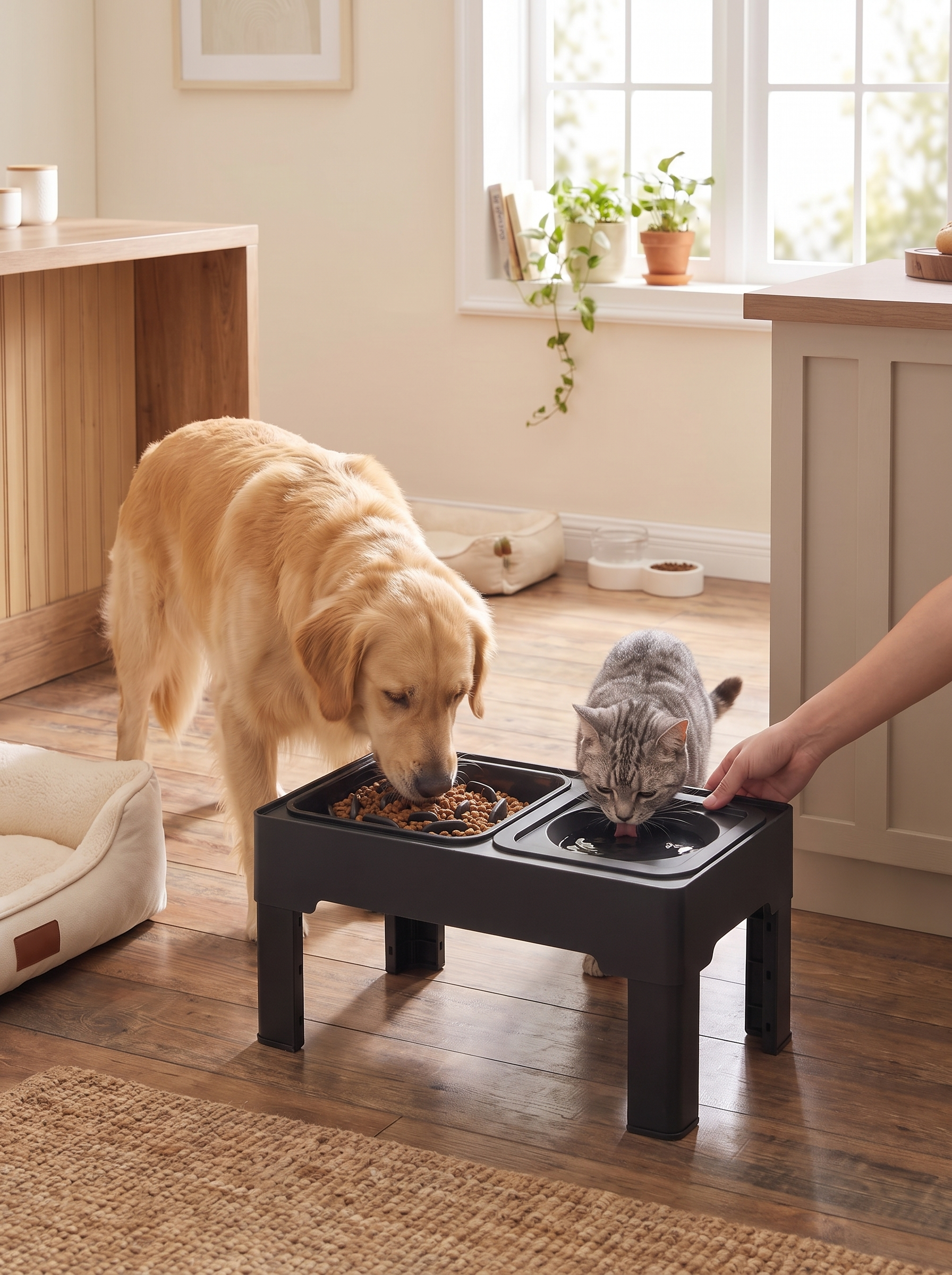 Dog eating from a raised bowl stand with a straight spine