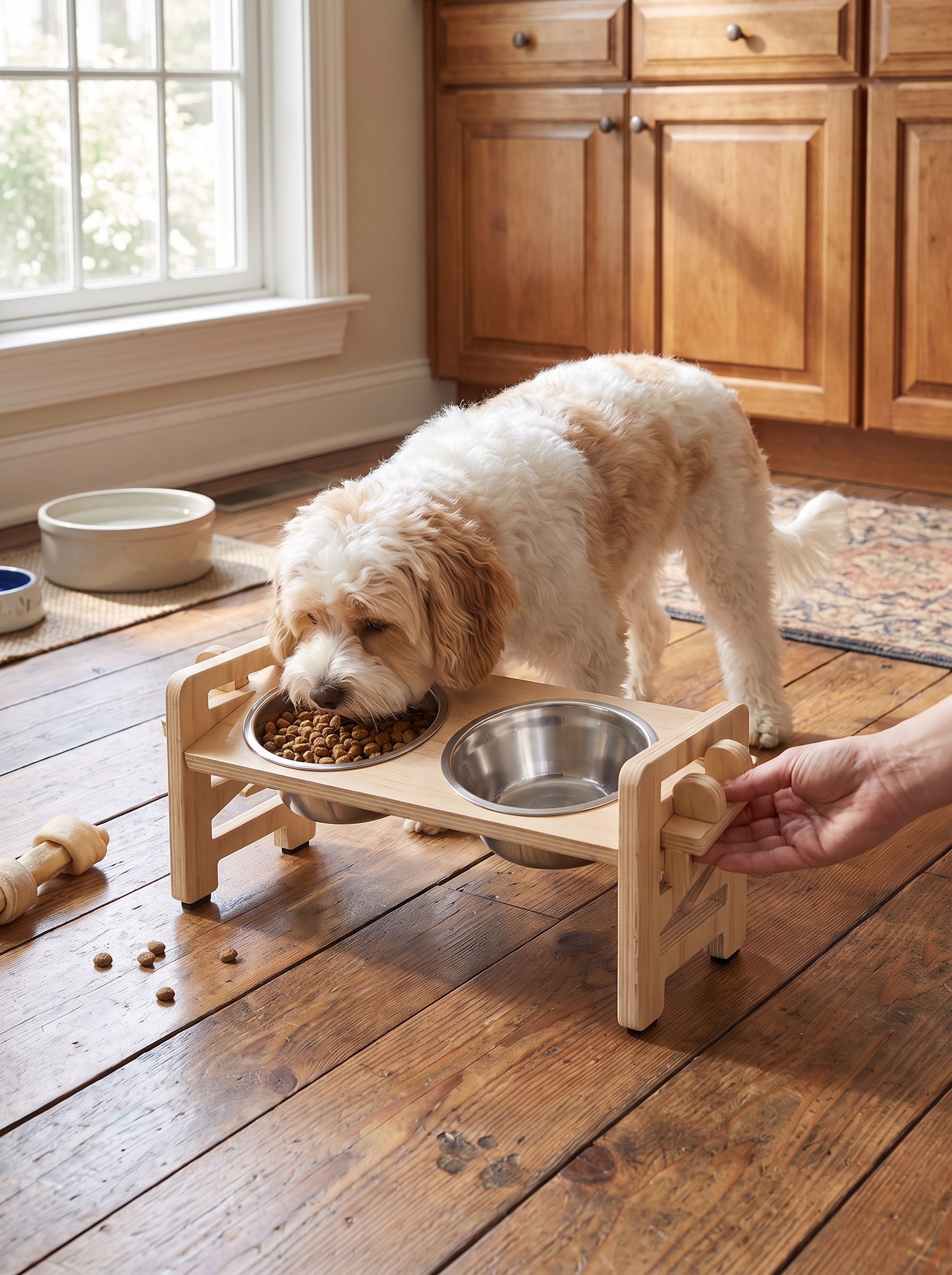 Tilted elevated bowls angled toward a small pet